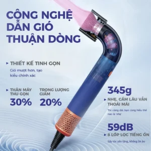 DRYON D17 Stick Hair Dryer - Ultra-Lightweight 345g High-Speed Dryer with 3 Attachments